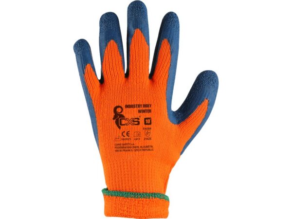 Oranžové zimné rukavice CXS INDUSTRY ROXY WINTER s modrým latexom – pohľad na chrbát