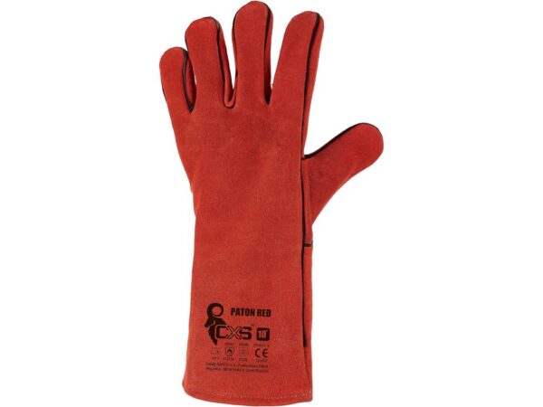 Červené celokožené zváračské rukavice CXS PATON RED s dlhou manžetou – pohľad na chrbát