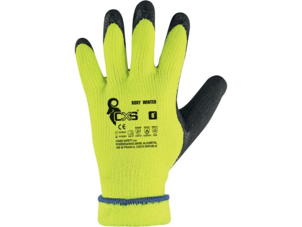 Žlté zimné rukavice CXS ROXY WINTER s čiernou latexovou penou na prstoch – pohľad na chrbát