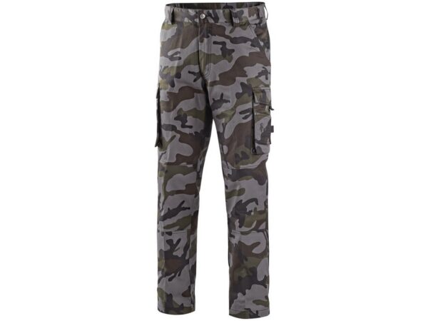 Pánske maskáčové nohavice CXS CAMO v sivo-zelenom vzore s bočnými vreckami – pohľad spredu