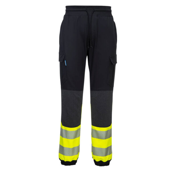 Čierno-žlté strečové reflexné nohavice Portwest PW3 Hi-Vis Flexi so zúženými manžetami a reflexnými pásmi