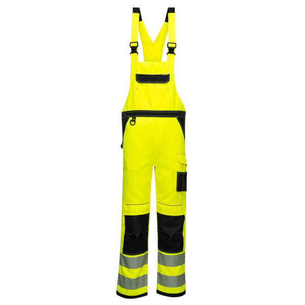 Žlto-čierne reflexné nohavice na traky Portwest PW3 PW344 s reflexnými pásmi