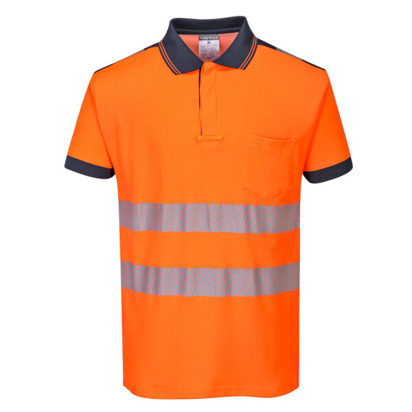 Oranžová reflexná polokošeľa Portwest T180 s tmavomodrým golierom a reflexnými pásmi – pohľad spredu
