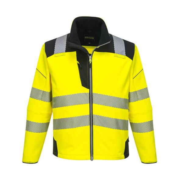 Žlto-čierna reflexná softshellová bunda Portwest PW3 T402 s reflexnými pásmi, pohľad spredu