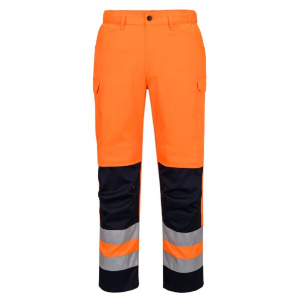Oranžovo-tmavomodré ľahké reflexné nohavice Portwest T143 s reflexnými pásmi, spredu